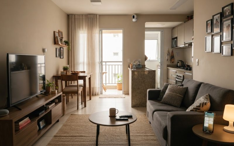 Casa brasileira moderna com dispositivos de automação residencial, incluindo iluminação inteligente, câmera de segurança, sensor de presença e smartphone.