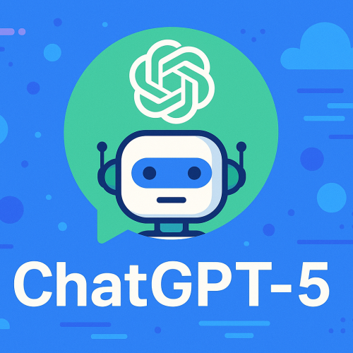 Ilustração moderna do ChatGPT-5 com robô estilizado dentro de balão de fala verde, logo da OpenAI e fundo azul com elementos tecnológicos abstratos.