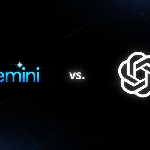 Fundo escuro com estrelas. No lado esquerdo, em azul vibrante, está o logotipo e o nome "Gemini". No centro, em destaque e em branco, aparece a abreviação "vs." (versus). No lado direito, o logotipo da OpenAI. Comparativo entre o Gemini e o ChatGPT.
