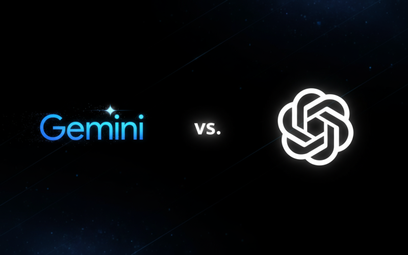 Fundo escuro com estrelas. No lado esquerdo, em azul vibrante, está o logotipo e o nome "Gemini". No centro, em destaque e em branco, aparece a abreviação "vs." (versus). No lado direito, o logotipo da OpenAI. Comparativo entre o Gemini e o ChatGPT.