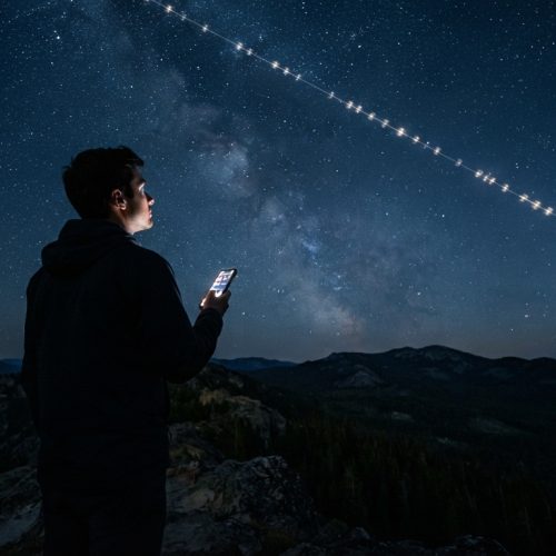 Homem observa satélites Starlink no céu enquanto usa o celular