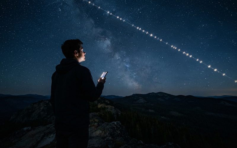 Homem observa satélites Starlink no céu enquanto usa o celular
