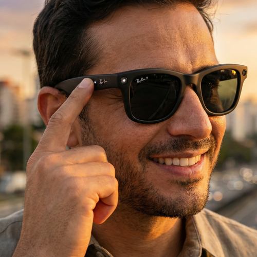 Homem usando óculos inteligentes Ray-Ban Meta pretos e tocando a haste lateral para iniciar a gravação de vídeo em cenário urbano ao pôr do sol.