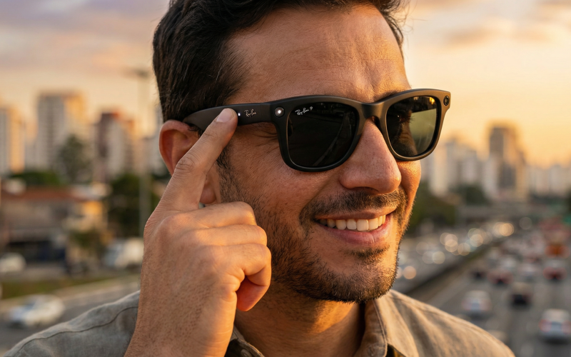 Homem usando óculos inteligentes Ray-Ban Meta pretos e tocando a haste lateral para iniciar a gravação de vídeo em cenário urbano ao pôr do sol.
