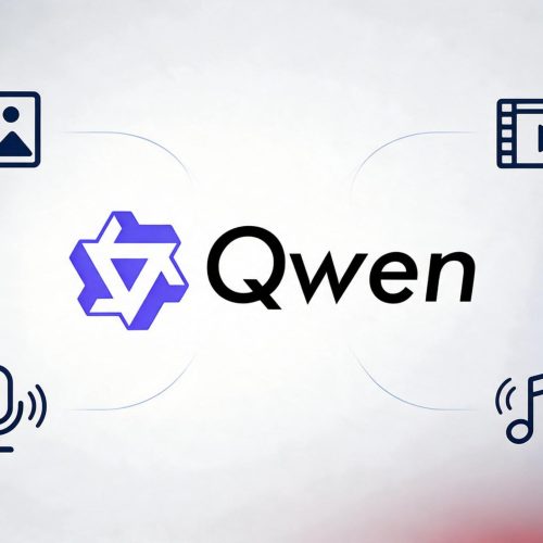 Logo do Qwen 3.8 conectado a ícones de imagem, vídeo e voz, representando uma inteligência artificial multimodal.