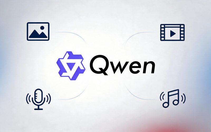 Logo do Qwen 3.8 conectado a ícones de imagem, vídeo e voz, representando uma inteligência artificial multimodal.