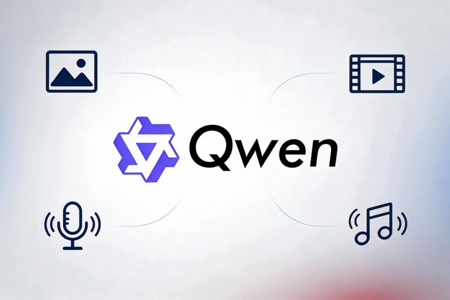 Logo do Qwen 3.8 conectado a ícones de imagem, vídeo e voz, representando uma inteligência artificial multimodal.
