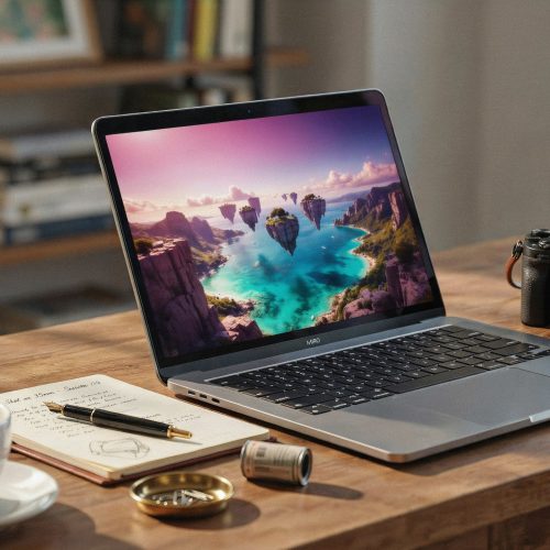 Mesa de fotógrafo profissional com laptop aberto exibindo uma imagem gerada por IA, câmera e caderno ao lado, iluminação natural vinda da janela.