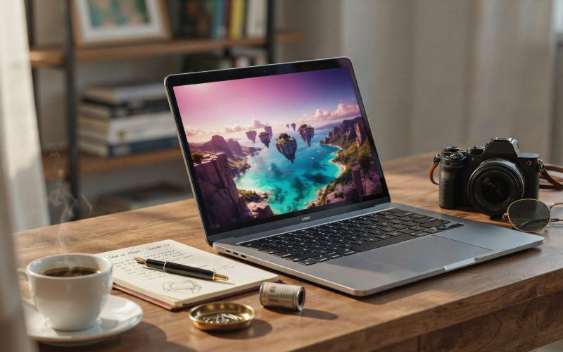 Mesa de fotógrafo profissional com laptop aberto exibindo uma imagem gerada por IA, câmera e caderno ao lado, iluminação natural vinda da janela.