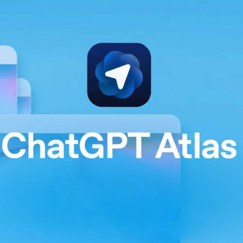 O logotipo do ChatGPT Atlas sobre um fundo azul claro desfocado com elementos de interface de usuário.
