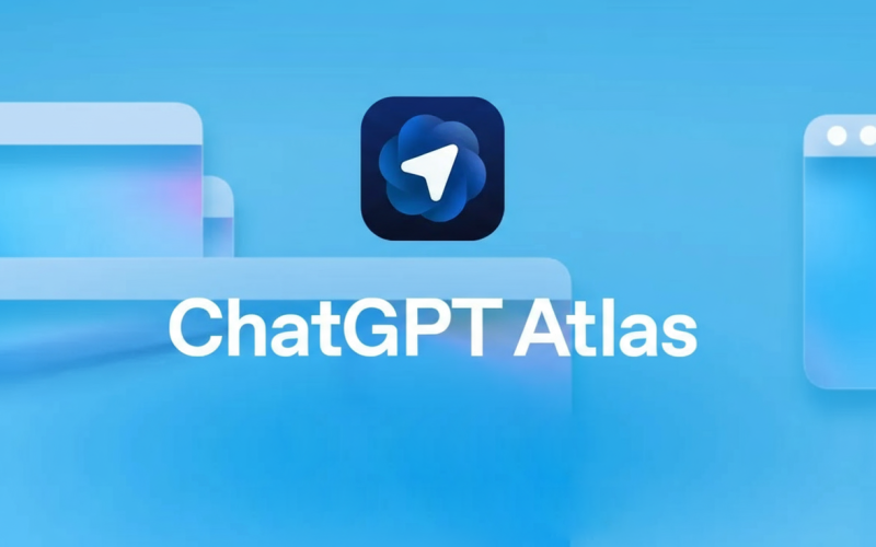 O logotipo do ChatGPT Atlas sobre um fundo azul claro desfocado com elementos de interface de usuário.