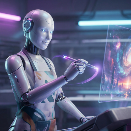 Robô futurista artista pintando em uma tela holográfica com luzes neon, ilustrando as melhores IAs para criar imagem grátis em 2026.