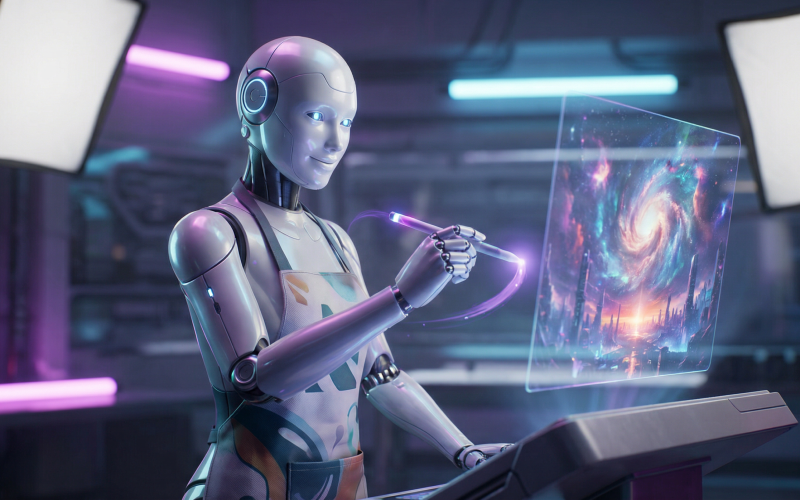 Robô futurista artista pintando em uma tela holográfica com luzes neon, ilustrando as melhores IAs para criar imagem grátis em 2026.