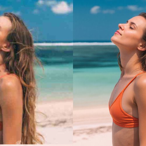 Uma imagem de uma mulher em uma praia. À esquerda, a imagem de baixa resolução. À direita, a mesma imagem aprimorada por IA, mostrando detalhes mais nítidos.