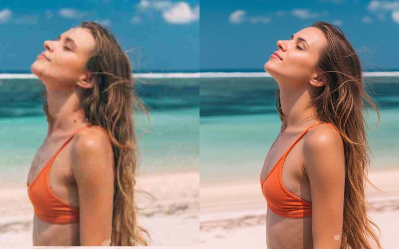 Uma imagem de uma mulher em uma praia. À esquerda, a imagem de baixa resolução. À direita, a mesma imagem aprimorada por IA, mostrando detalhes mais nítidos.