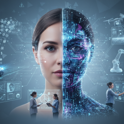 Uma mulher, com metade do rosto composta por circuitos digitais e luzes azuis e roxas, simbolizando a fusão entre humano e Inteligência Artificial. A composição visualmente integrada destaca a presença da IA no cotidiano: carros autônomos e mapas de GPS (transporte), ícones de redes sociais (mundo digital), braço robótico em automação, e um drone monitorando uma paisagem (meio ambiente e segurança).