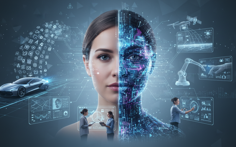 Uma mulher, com metade do rosto composta por circuitos digitais e luzes azuis e roxas, simbolizando a fusão entre humano e Inteligência Artificial. A composição visualmente integrada destaca a presença da IA no cotidiano: carros autônomos e mapas de GPS (transporte), ícones de redes sociais (mundo digital), braço robótico em automação, e um drone monitorando uma paisagem (meio ambiente e segurança).