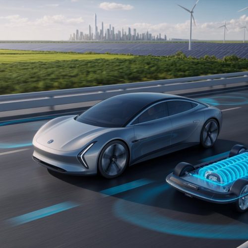 Carro elétrico futurista equipado com bateria de estado sólido. O veículo está em uma estrada inteligente cercada por paisagens verdes. Ao fundo, uma cidade tecnológica com turbinas eólicas e painéis solares, simbolizando sustentabilidade, inovação e o futuro da mobilidade elétrica.