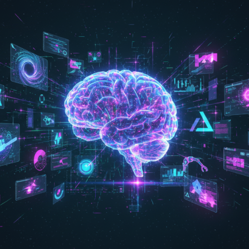 Uma representação futurista de um cérebro digital , em tons de azul e roxo neon, no centro de um fundo escuro e estrelado simbolizando diferentes domínios e aplicações da inteligência artificial