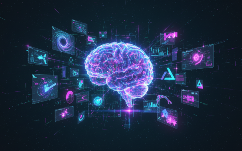 Uma representação futurista de um cérebro digital , em tons de azul e roxo neon, no centro de um fundo escuro e estrelado simbolizando diferentes domínios e aplicações da inteligência artificial