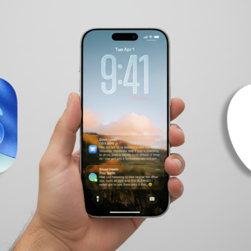 Um iPhone 17 em uma mão, com um logotipo do iOS 26 à esquerda e um logotipo da Apple à direita.