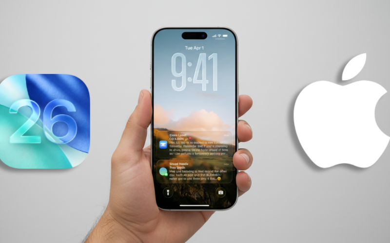 Um iPhone 17 em uma mão, com um logotipo do iOS 26 à esquerda e um logotipo da Apple à direita.