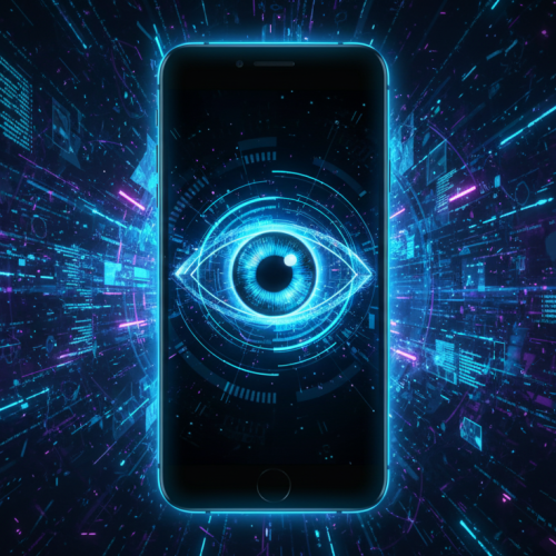 Um Celular com um olho digital holográfico vibrante em sua tela, emitindo um brilho azul e neon. Linhas de código e circuitos tecnológicos flutuam ao redor do dispositivo. O fundo escuro é adornado com efeitos luminosos em azul e roxo, criando uma atmosfera de vigilância e mistério com um estilo moderno e tecnológico.