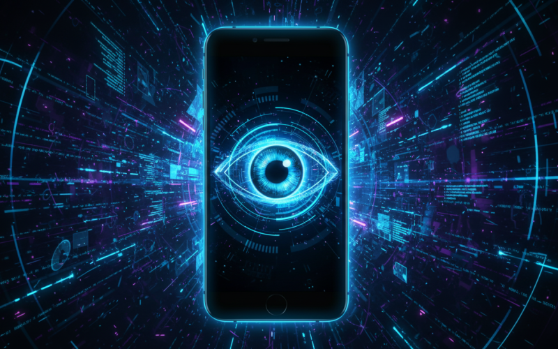 Um Celular com um olho digital holográfico vibrante em sua tela, emitindo um brilho azul e neon. Linhas de código e circuitos tecnológicos flutuam ao redor do dispositivo. O fundo escuro é adornado com efeitos luminosos em azul e roxo, criando uma atmosfera de vigilância e mistério com um estilo moderno e tecnológico.