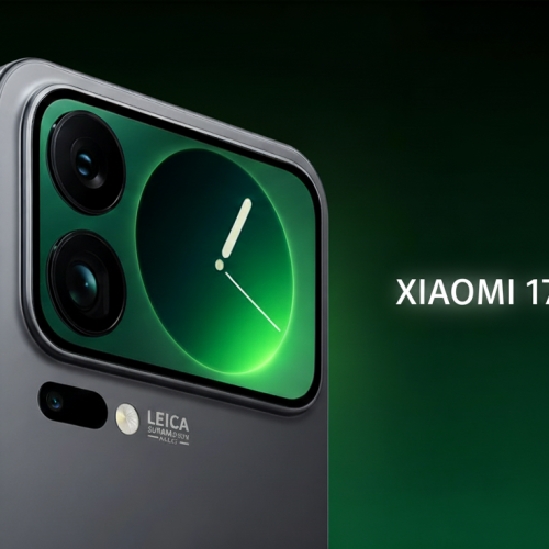 Xiaomi 17 Pro Max cinza escuro. O fundo é um gradiente verde.