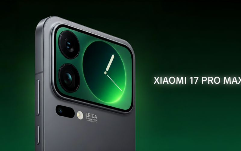 Xiaomi 17 Pro Max cinza escuro. O fundo é um gradiente verde.